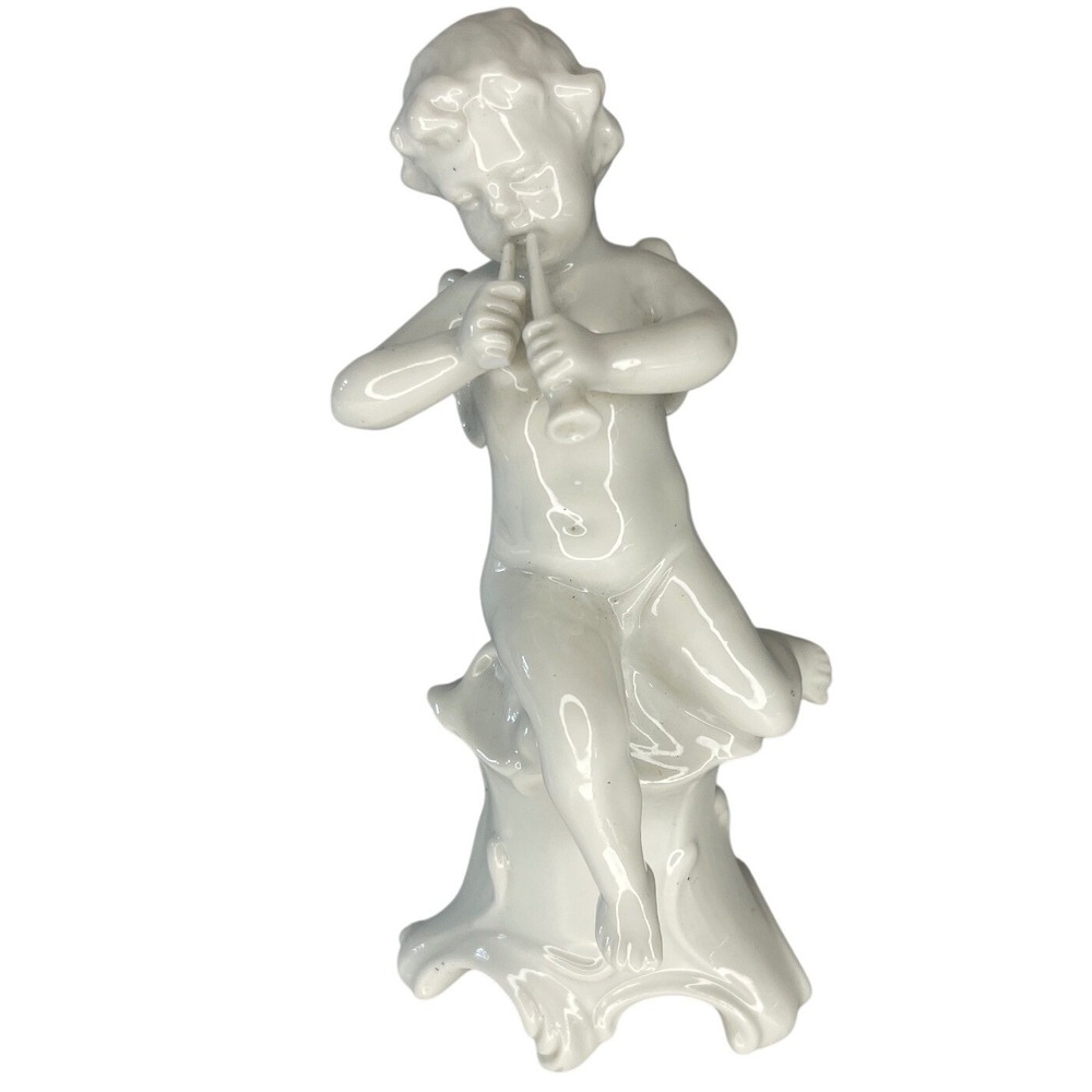 Vintage Capodimonte White Porcelain Cherub Figurine Playing Flute Crown N Mark